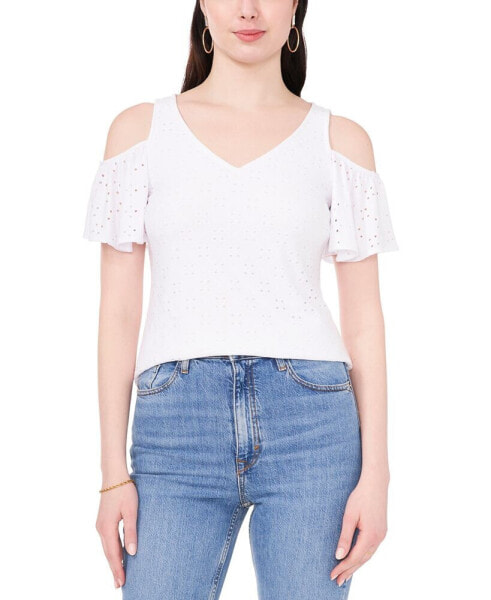 Women's Cold-Shoulder Eyelet V-Neck Knit Top