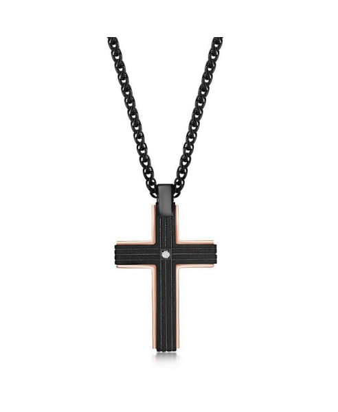 Mens Stainless Steel Black w/ Rose Gold Border Single CZ Necklace
