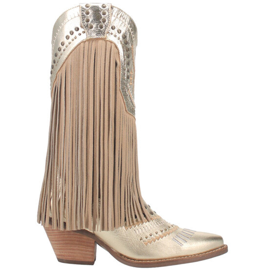 Dingo Gypsy Studded Fringe Metallic Snip Toe Cowboy Womens Gold Casual Boots DI