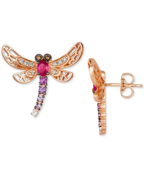 Passion Ruby (3/8 ct. t.w.), Strawberry Ombré (1/5 ct. t.w.), Nude Diamonds (1/8 ct. t.w.), White Sapphire (1/20 ct. t.w.) & Chocolate Diamonds Accent Dragonfly Drop Earrings in 14k Rose Gold