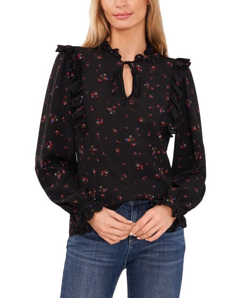 Women's Long Sleeve Tie-Neck Blouse with Eyelet Trim