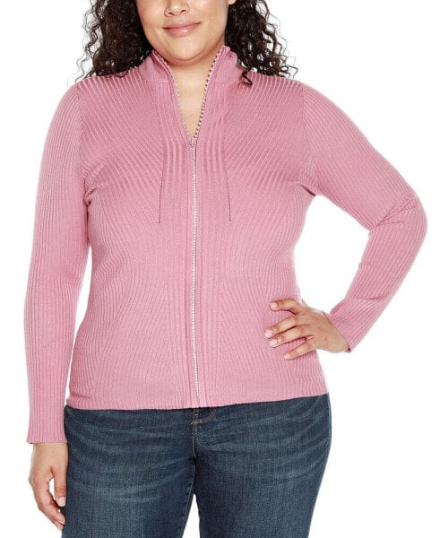 Black Label Plus Size Mock Neck Ribbed Zip Up Sweater