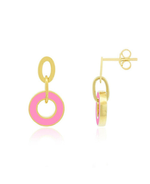 Bubblegum Pink Enamel Round Link Drop Earrings 14K Gold