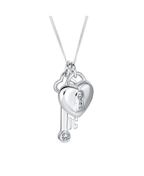 Bling Jewelry love Lock And Key Heart CZ Accent Charm Pendant Necklace For Women For Girlfriend .925 Sterling Silver