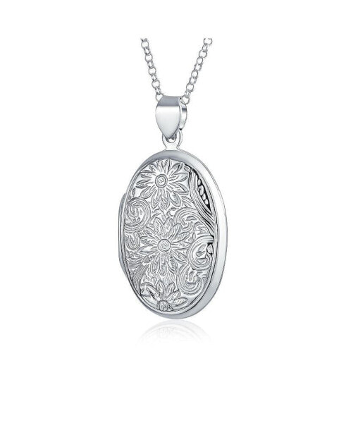 Bling Jewelry embossed Sunflower Photo Oval Lockets For Women That Hold Pictures .925 Sterling Silver Locket Necklace