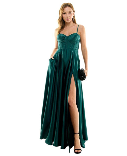 Juniors' Pleated-Bodice High-Slit Evening Gown