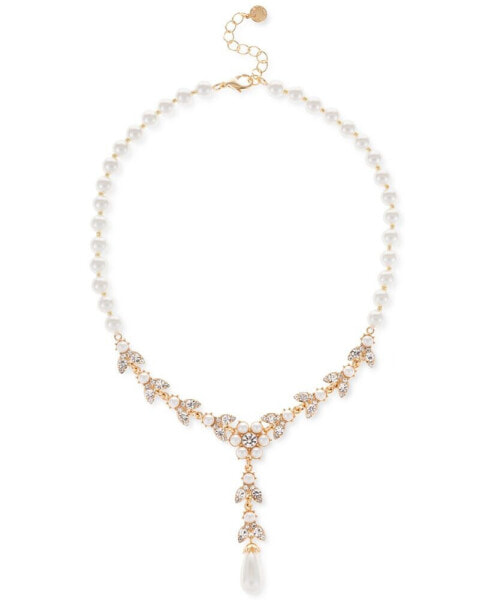 Gold-Tone Crystal & Imitation Pearl Flower Lariat Necklace, 17" + 2" extender, Created for Macy's