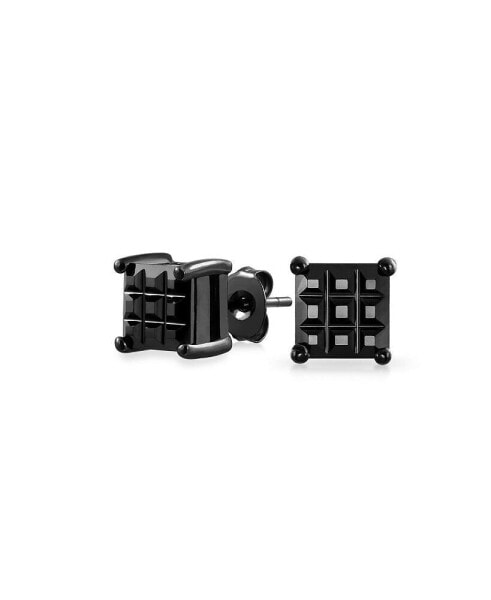 Black On Black Invisible Cut Square CZ Checkboard Cubic Zirconia Prong Basket Set Stud Earrings Sterling Silver