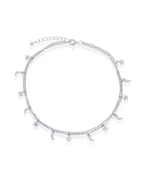 Sterling Silver Moon and Star Double Strand Anklet