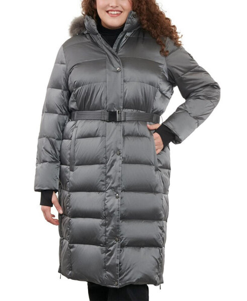 Women's Plus Size Shine Belted Faux-Fur-Trim Hooded Puffer Coat