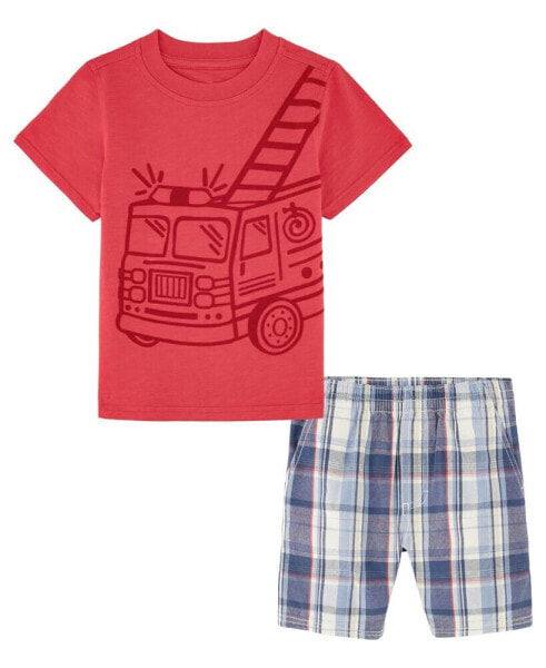Little Boys Firetruck Short Sleeve T-shirt and Prewashed Plaid Shorts