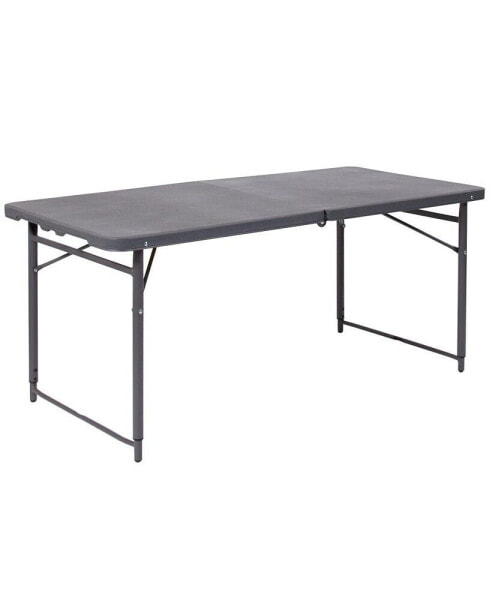 4-Foot Height Adjustable Bi-Fold Dark Gray Plastic Folding Table With Handle