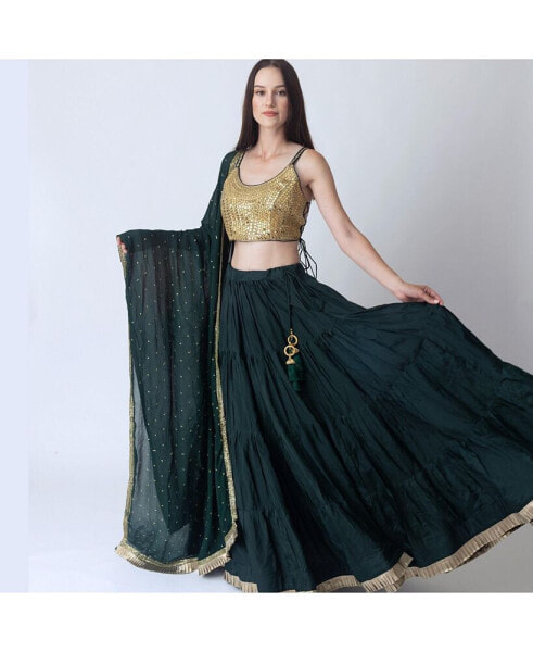 Women's Green and Gold Lehenga Choli Set with Mirror Work Blouse and Embellished Dupatta