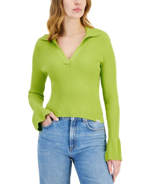 Women's Ribbed Long-Sleeve Collared V-Neck Knit Sweater