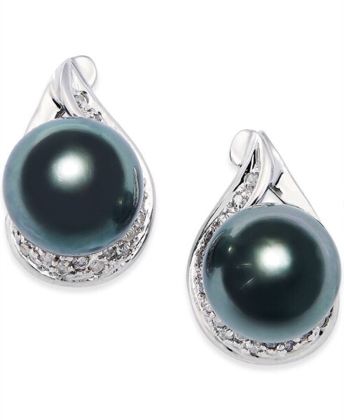 Cultured Tahitian Black Pearl (9mm) and Diamond (1/6 ct. t.w.) Earrings in 14k White Gold