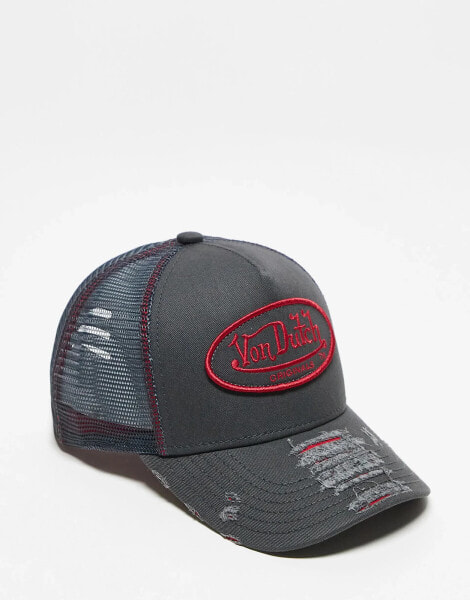 Von Dutch kiruna trucker distressed trucker cap in grey and red