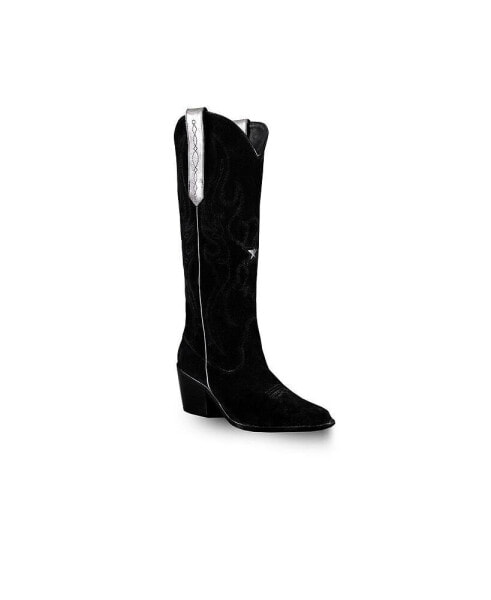 Women's Knee-High Black Suede Leather Western Boots Fenix by