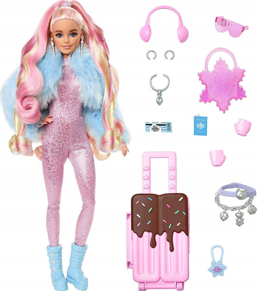 Lalka Barbie Mattel Extra Fly Zimowa w podróży z zimowymi ubrankami HPB16