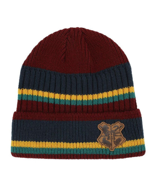 Men's Hogwarts Crest Faux Leather Patch Stripes Beanie