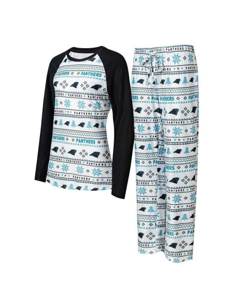 Women's White, Black Carolina Panthers Tinsel Raglan Long Sleeve T-shirt and Pants Sleep Set