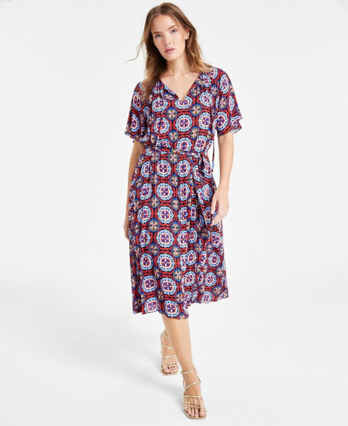 Women's Printed Tie-Neck Pleated Midi Dress