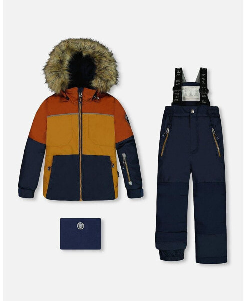 Big Boys Two Piece Snowsuit Colorblock Burnt Orange, Brown And Navy