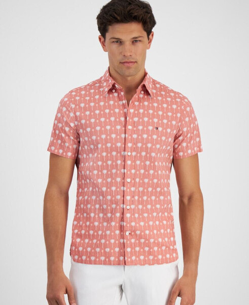 Men's Slim-Fit Short Sleeve Button-Front Palm Print Shirt