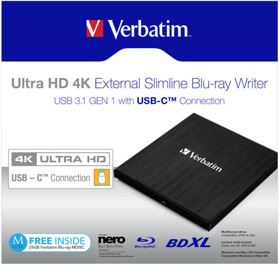 Verbatim 43888 - Black - Top - Notebook - Blu-Ray DVD Combo - Serial ATA III - BD - BD-R - BD-R DL - CD - DVD