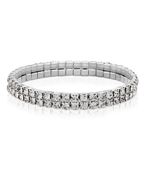 Silver-Tone Clear Crystal 2-Row Rhinestone Stretch Bracelet