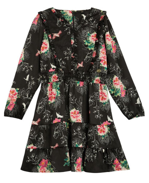 Big Girls Satin Floral Long Sleeve Dress