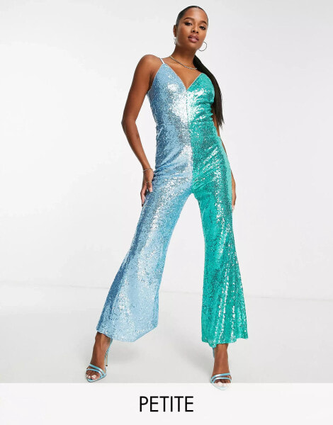 Jaded Rose Petite 70s plunge flare cami jumpsuit in contrast sequin