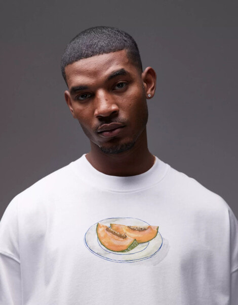 Topman premium extreme oversized fit t-shirt with melon and olive print in white