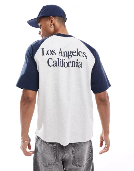 Hollister back print heavyweight boxy fit raglan baseball t-shirt in grey marl/navy