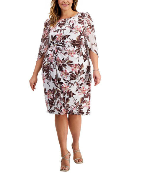 Plus Size Floral-Print 3/4-Sleeve Faux-Wrap Dress