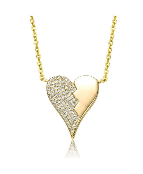 14k Yellow Gold Plated with Cubic Zirconia Broken Cracked Zig-Zag Half & Half Stolen Heart Pendant Necklace