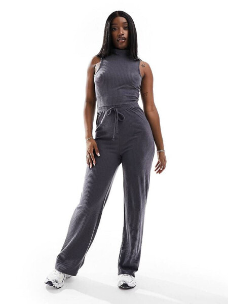 In The Style ribbed drawstring detail jumpsuit in charcoal