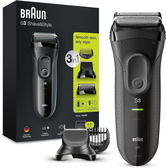 Braun Series 3 3-in-1 Electric Shaver, Beard Trimmer with 5 Comb Attachments, Wet and Dry, 45 Minutes Battery Life, Rechargeable and Wireless Shaver, Valentine's Day Gift for Him, Black/Grey