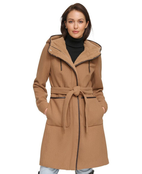 Women's Faux-Fur Hooded Wool Blend Belted Coat