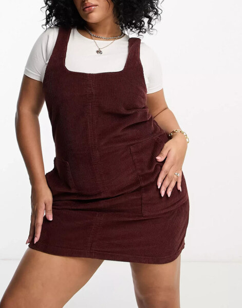 DTT Plus Dawn cord pinafore dress with zip back in chocolate brown