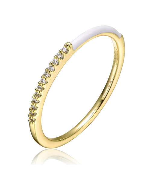 Kids/Teens 14k Yellow Gold Plated with Cubic Zirconia White Enamel Half & Half Slim Stacking Ring