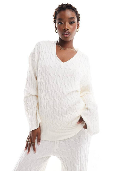 NA-KD v neck cable knit sweater co-ord in off white