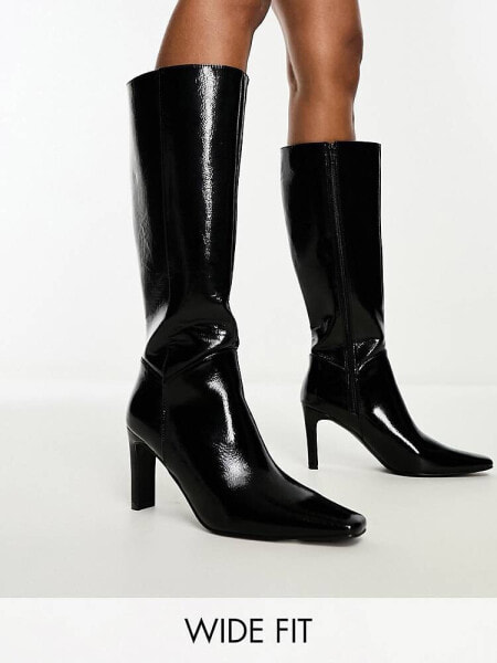Public Desire Wide Fit Pose heeled knee boots in black textured 