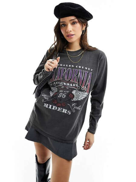 Miss Selfridge long sleeve graphic band print t-shirt in charcoal