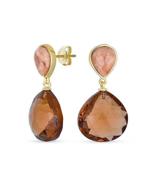 Elegant Translucent Gemstone Briolette Peach Chocolate Brown Pear Shaped Natural Smoky Quartz Faceted Teardrop Drop Earrings Women 14K Gold Plated