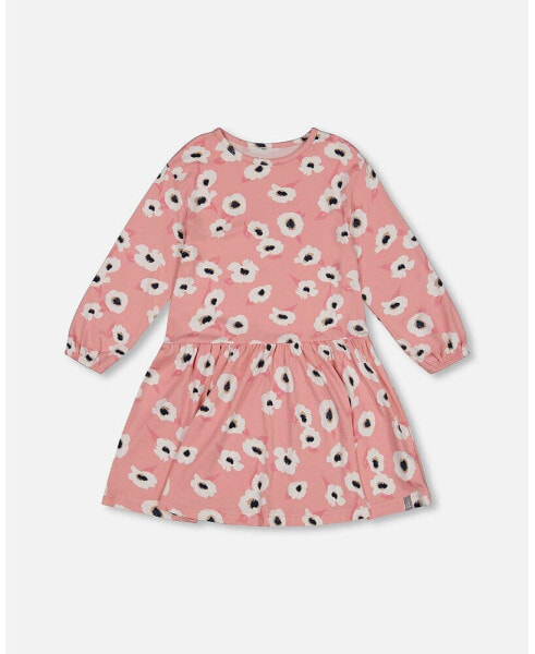 Big Girls Printed Long Sleeve Dress Pink With White Flowers