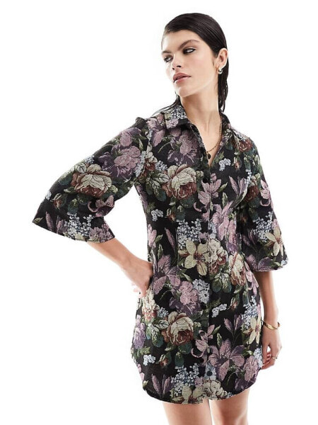 ASOS DESIGN mini shirt dress with fluted sleeve detail in floral tapestry