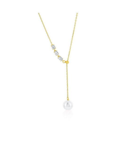 Sterling Silver or Gold Plated over Sterling Silver 8mm Pearl, Triple Oval CZ Lariat Necklace