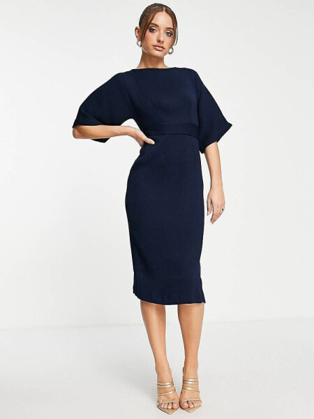 Closet London ribbed pencil dress with tie belt in navy