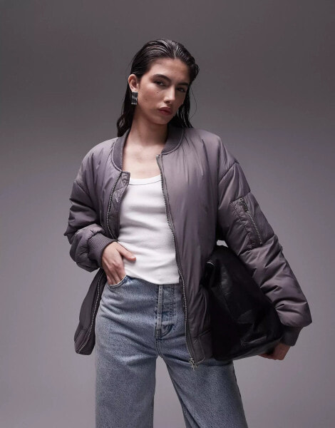 Topshop nylon bomber jacket in grey