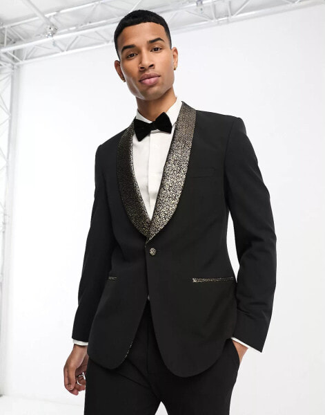 ASOS DESIGN skinny tuxedo blazer in black with gold leopard lapel